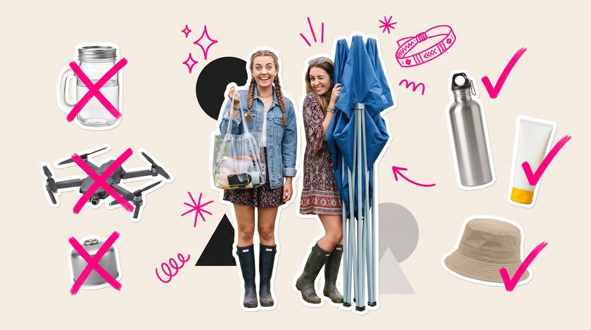 Collage of two festival-goers at the gate, with banned items like a glass jar, drone and gas canister crossed out and a water bottle, sun cream and bucket hat ticked