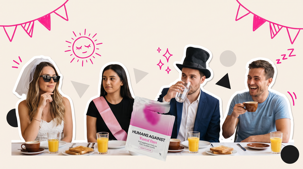 Collage of friends at a morning-after brunch: a bride-to-be in a veil, a groom-to-be in a novelty top hat drinking water, coffee, toast and a Humans Against sachet