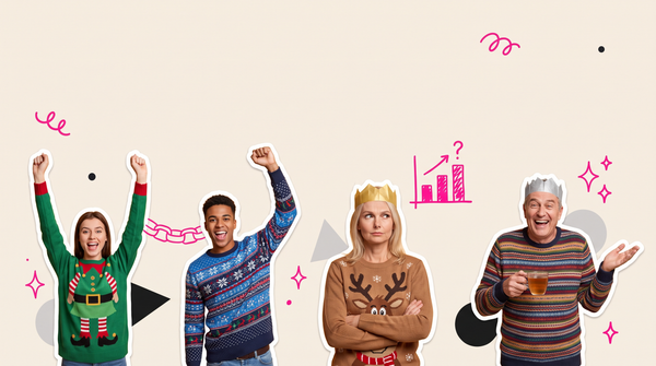 Collage of four office colleagues in Christmas jumpers and paper crowns: two cheering, one unimpressed with arms folded, one shrugging with a mug of tea