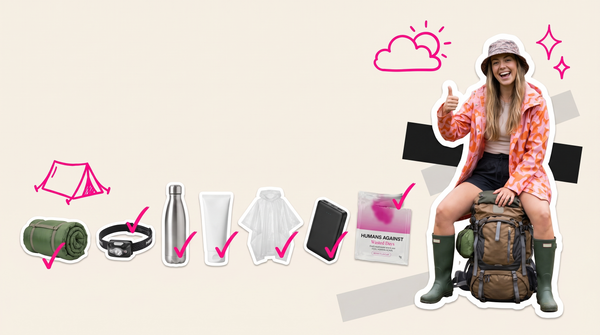 Collage of a festival-goer in a bucket hat and wellies sitting on an overstuffed rucksack beside ticked-off packing essentials