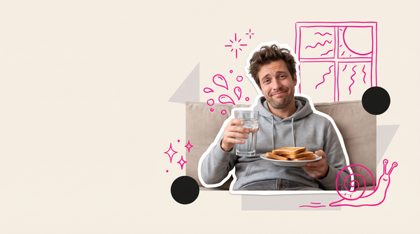 Collage of a man in a hoodie on the sofa with a glass of water and a plate of toast, managing a sheepish grin