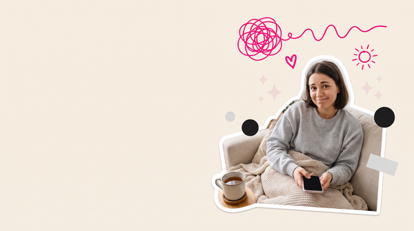 Collage of a woman wrapped in a blanket on the sofa with her phone and a mug of tea, a tangled doodle unravelling above her
