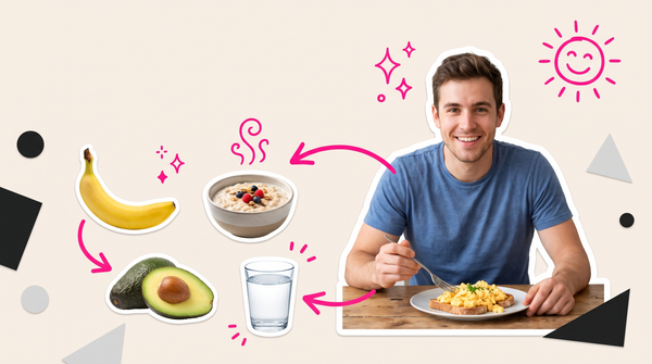Collage of a smiling man tucking into eggs on toast, surrounded by a banana, avocado, porridge and a glass of water