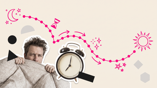 Collage of a man peeking out from under a duvet at an alarm clock, with a doodled timeline from moon to sun