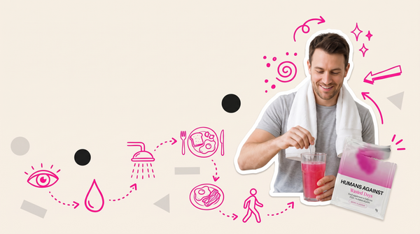 Collage of a man with a towel round his neck stirring a Humans Against drink, beside a doodled step-by-step morning routine