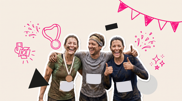 Collage of three muddy, euphoric friends at the finish of an obstacle race, with festival bunting and confetti doodles
