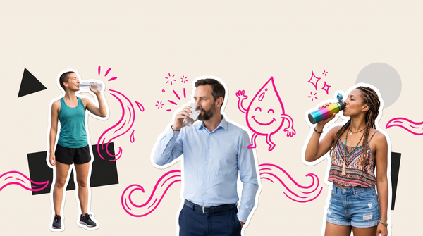 Collage of a runner, an office worker and a festival-goer each drinking water, with a smiling water droplet doodle