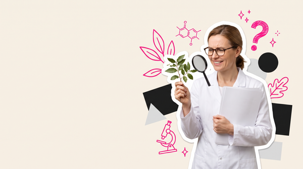 Collage of a scientist in a lab coat examining a leafy branch through a magnifying glass, with molecule and microscope doodles