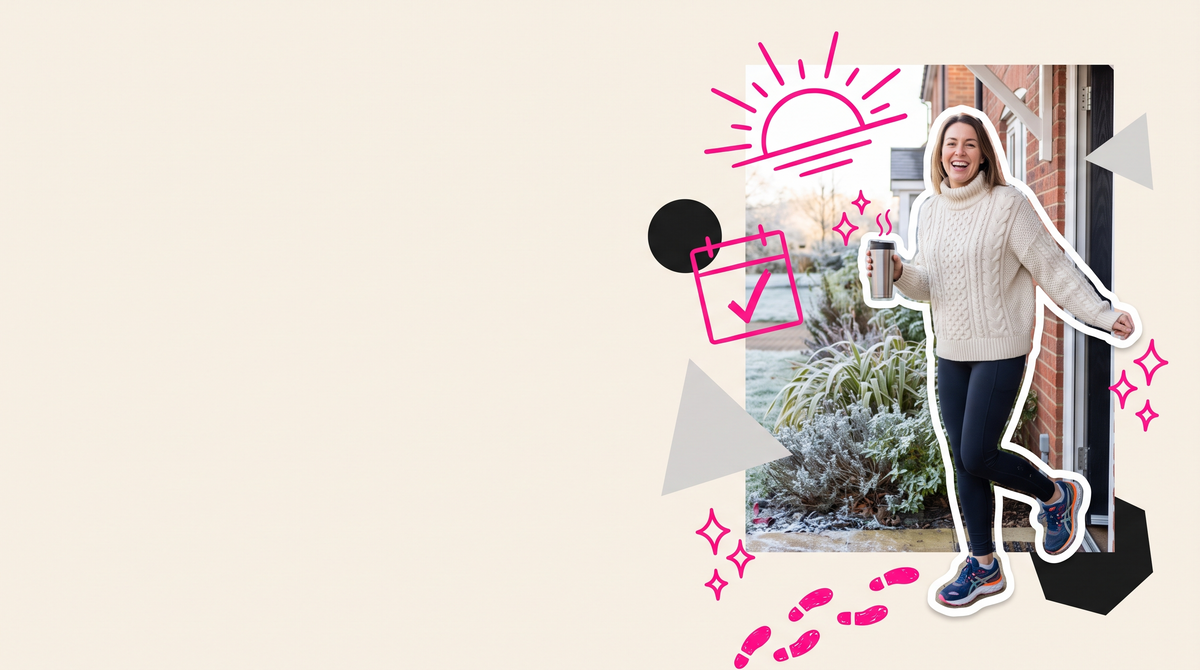 Collage of a woman in a winter jumper and trainers heading out of her front door on a January morning with a travel mug