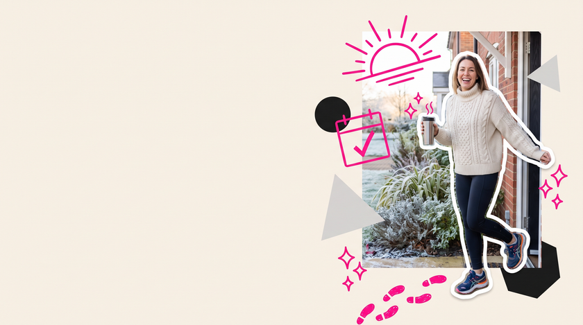 Collage of a woman in a winter jumper and trainers heading out of her front door on a January morning with a travel mug