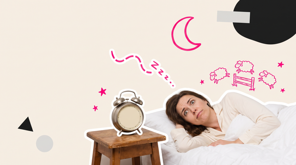 Collage of a woman lying awake in bed in the small hours beside an alarm clock, with doodled sheep and a moon