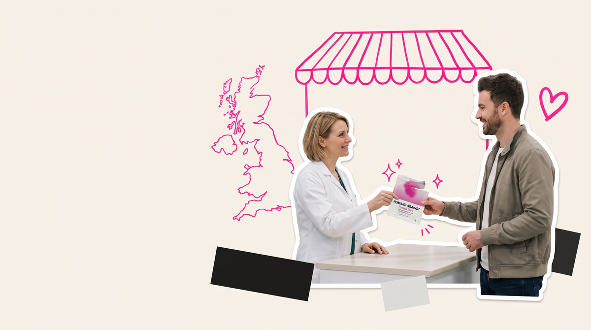 Collage of a community pharmacist handing a Humans Against sachet to a smiling customer across the counter