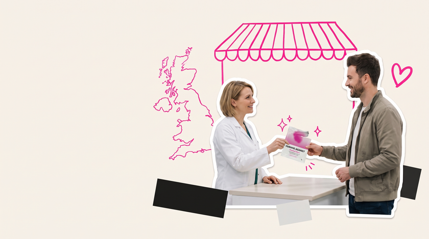 Collage of a community pharmacist handing a Humans Against sachet to a smiling customer across the counter