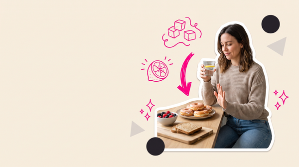 Collage of a woman turning down a plate of doughnuts while holding a glass of water with lemon