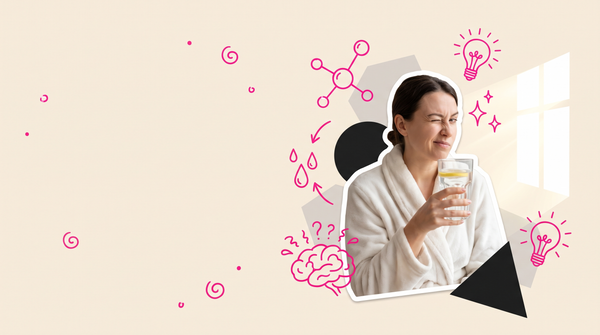 Collage of a woman in a dressing gown squinting at morning light with a glass of water, surrounded by science doodles