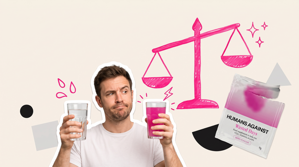 Collage of a man weighing up a glass of water against a glass of pink drink, with a torn Humans Against sachet beside him