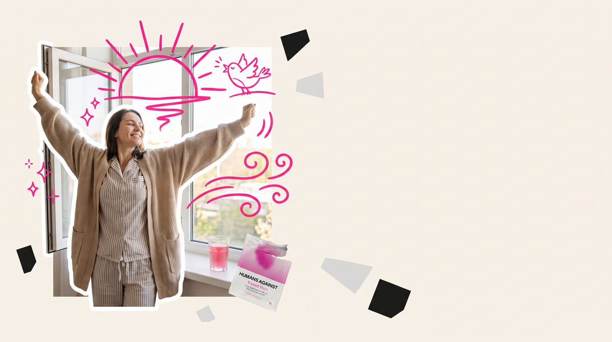 Collage of a woman in pyjamas throwing open a window with a big stretch, a pink drink and Humans Against sachet on the sill
