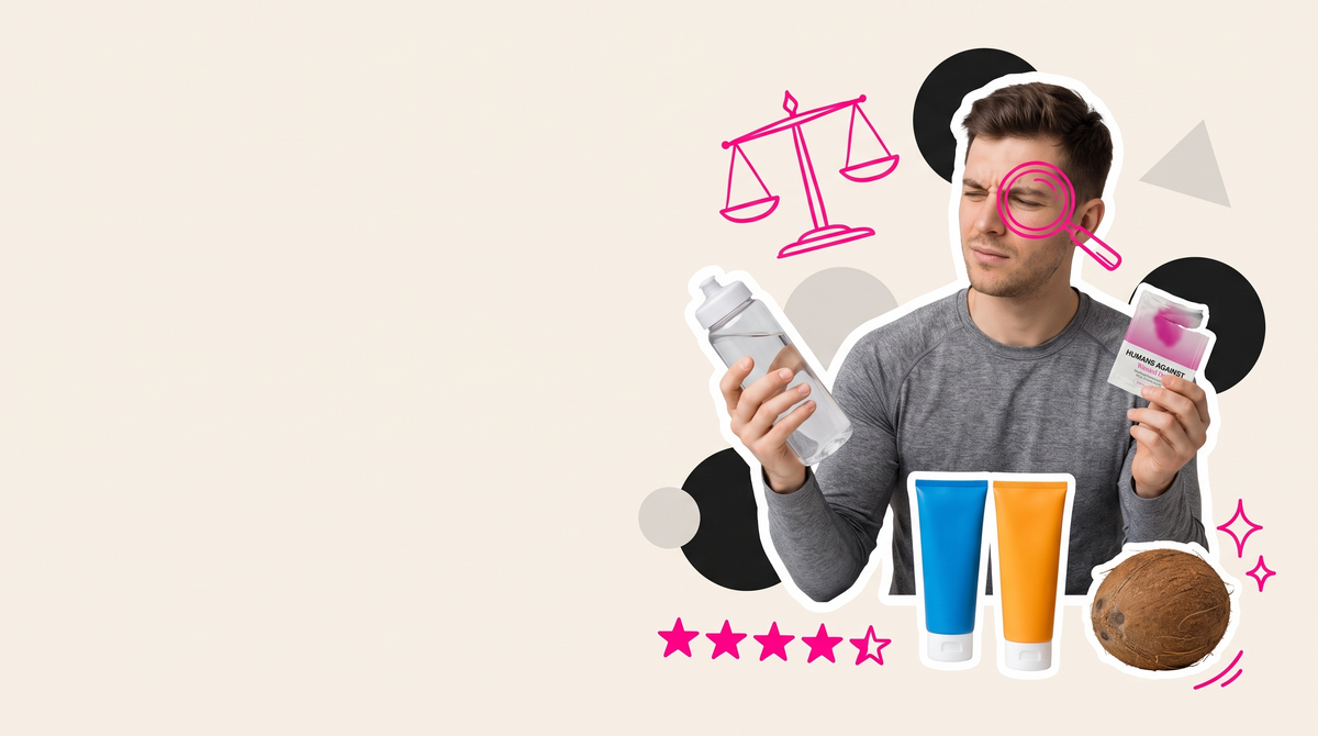 Collage of a man in gym clothes comparing a Humans Against sachet with a plain sports bottle, tubes and a coconut