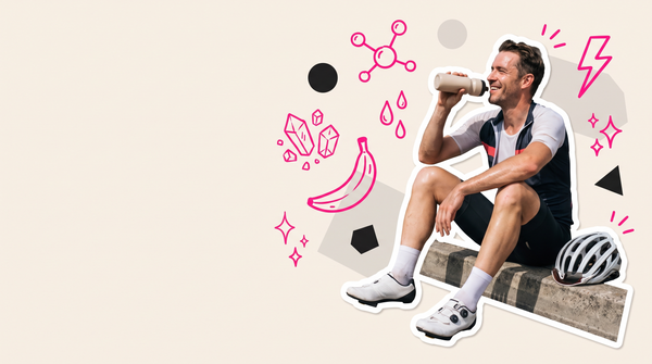 Collage of a grinning cyclist sitting on a kerb drinking from a bottle, with salt crystal, banana and molecule doodles