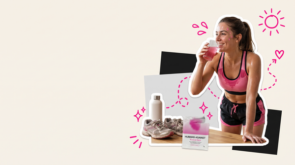 Collage of a smiling runner drinking a pink drink after a run, with a Humans Against sachet and water bottle beside her trainers