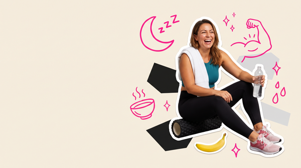 Collage of a laughing woman in gym kit sitting on a foam roller with a water bottle and banana, with sleep and muscle doodles