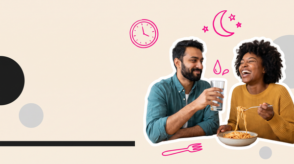 Collage of two friends laughing at a kitchen table, one eating pasta and one raising a glass of water, with pink clock and moon doodles