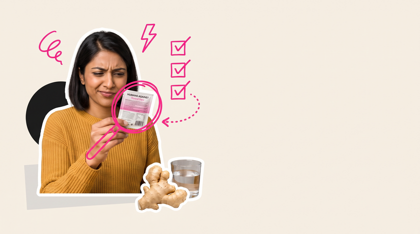 Collage of a woman in a yellow jumper squinting at the back label of a Humans Against sachet through a pink doodled magnifying glass, with ginger root